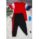 طقم ولادي رياضي قطعتين  تي شيرت أحمر بأكمام أزرق و أبيض و بنطلون أسود بمطاط من الخصر
