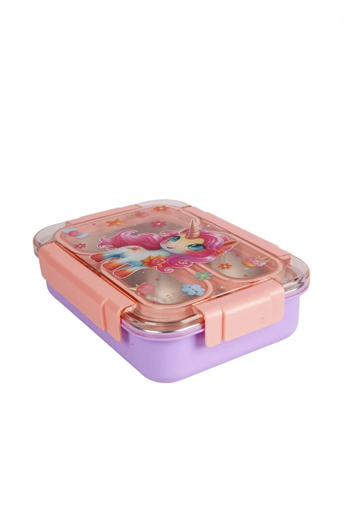 حافظة طعام مدرسية للأطفال مع ملعقة معدنية عليها أشكال كرتونية