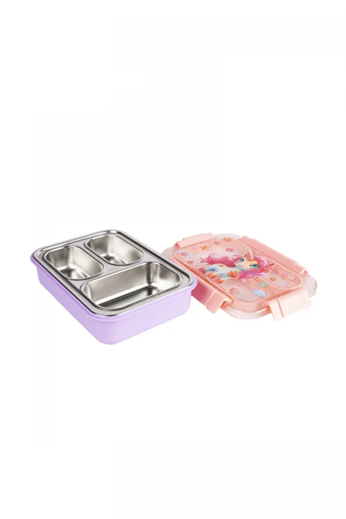 حافظة طعام مدرسية للأطفال مع ملعقة معدنية عليها أشكال كرتونية