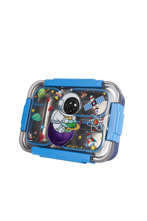 حافظة طعام مدرسية للأطفال مع ملعقة معدنية عليها أشكال كرتونية