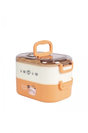 حافظة طعام مدرسية معدنية دورين مقسمة مع ملعقة وعليها غطاء شفاف