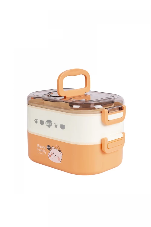 حافظة طعام مدرسية معدنية دورين مقسمة مع ملعقة وعليها غطاء شفاف