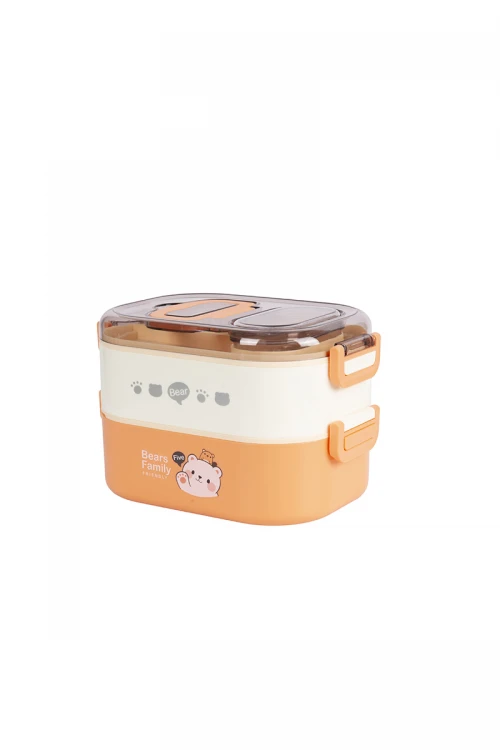 حافظة طعام مدرسية معدنية دورين مقسمة مع ملعقة وعليها غطاء شفاف