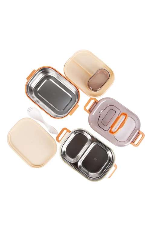 حافظة طعام مدرسية معدنية دورين مقسمة مع ملعقة وعليها غطاء شفاف