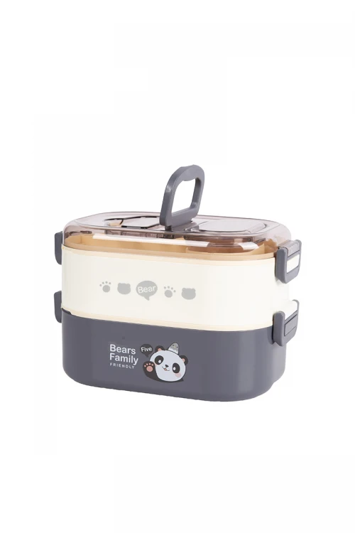 حافظة طعام مدرسية معدنية دورين مقسمة مع ملعقة وعليها غطاء شفاف