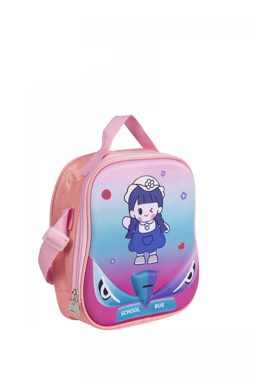 حقيبة وجبة مدرسية للبنات لون وردي و أزرق عليها رسوم كرتونية