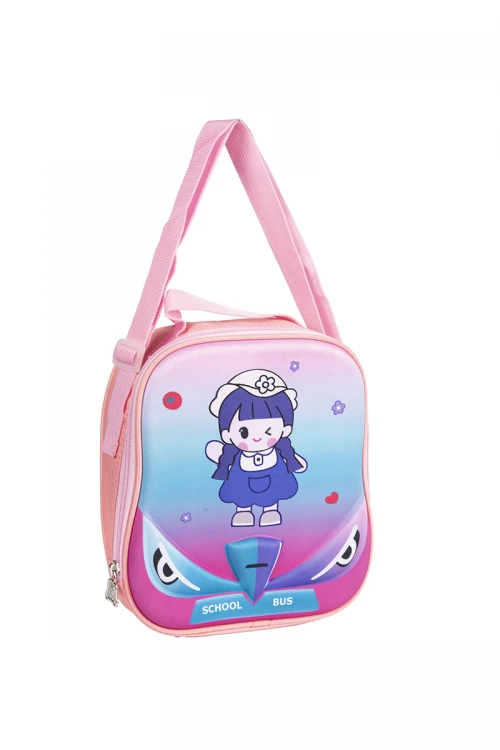 حقيبة وجبة مدرسية للبنات لون وردي و أزرق عليها رسوم كرتونية