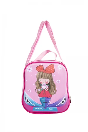 حقيبة وجبة مدرسية للبنات لون وردي و أزرق عليها رسوم كرتونية
