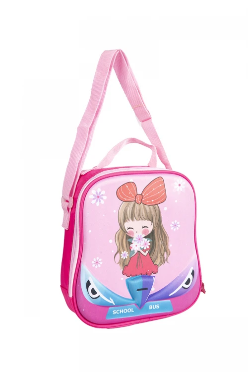حقيبة وجبة مدرسية للبنات لون وردي و أزرق عليها رسوم كرتونية