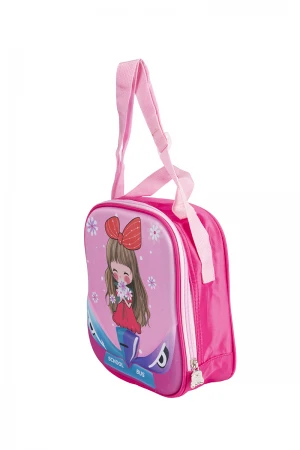 حقيبة وجبة مدرسية للبنات لون وردي و أزرق عليها رسوم كرتونية
