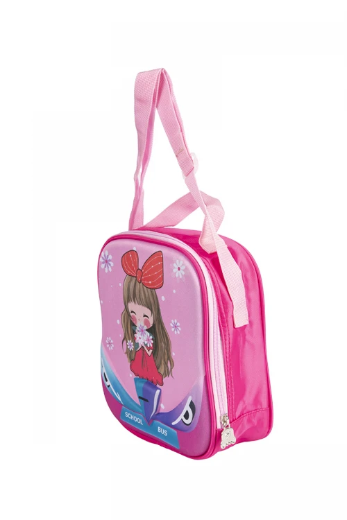 حقيبة وجبة مدرسية للبنات لون وردي و أزرق عليها رسوم كرتونية