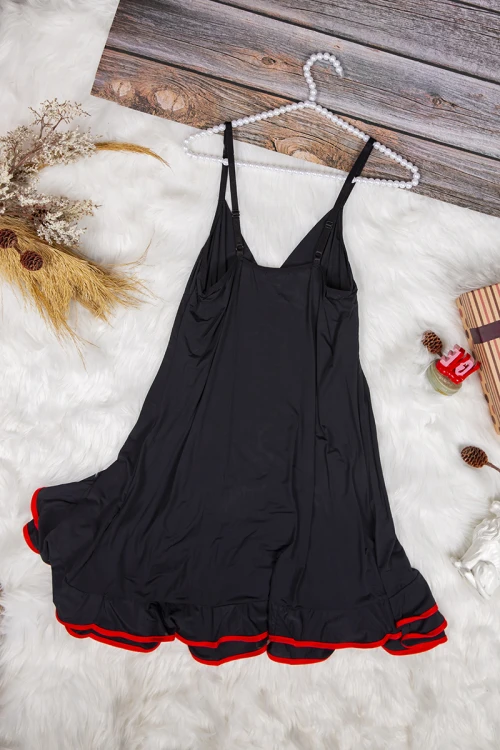 قميص نوم لانجري نسائي قصير قطعتين قماش مطاط بأطراف ساتان مع فيونكه من الأمام