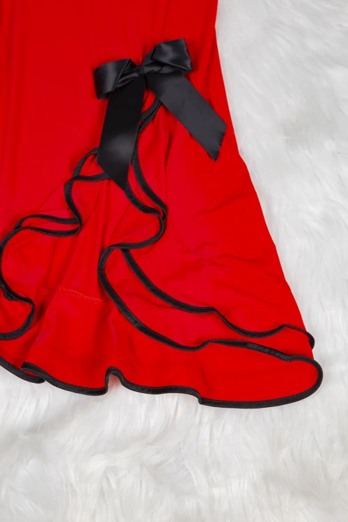 قميص نوم لانجري نسائي قصير قطعتين قماش مطاط بأطراف ساتان مع فيونكه من الأمام