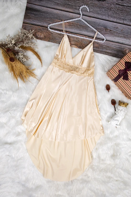 قميص نوم لانجري نسائي قصير قطعتين قماش ساتان مع دانتيل من الصدر