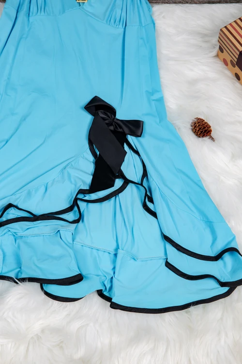 قميص نوم لانجري نسائي قصير قطعتين قماش مطاط بأطراف ساتان باللون الأسود مع فيونكة 