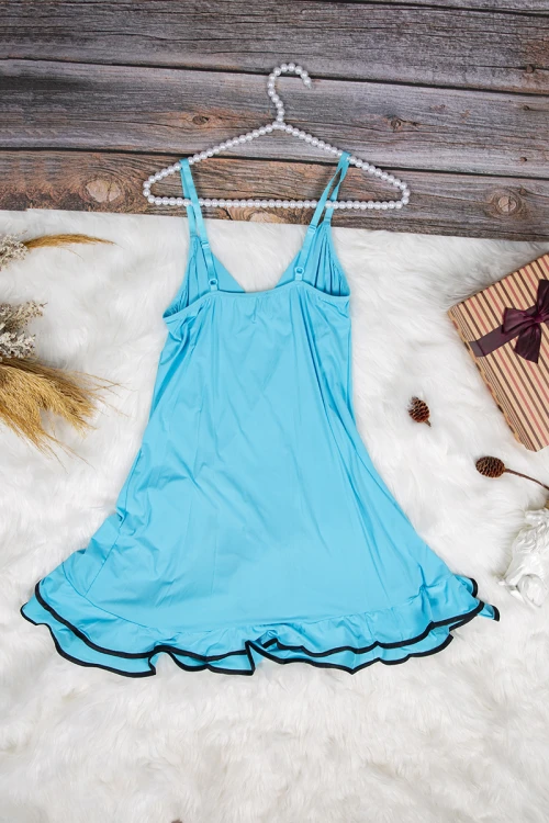 قميص نوم لانجري نسائي قصير قطعتين قماش مطاط بأطراف ساتان باللون الأسود مع فيونكة 