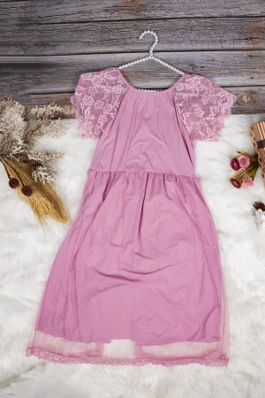 قميص نوم لانجري نسائي قصير قطعتين ساتان مع دانتيل بأكمام قصيرة