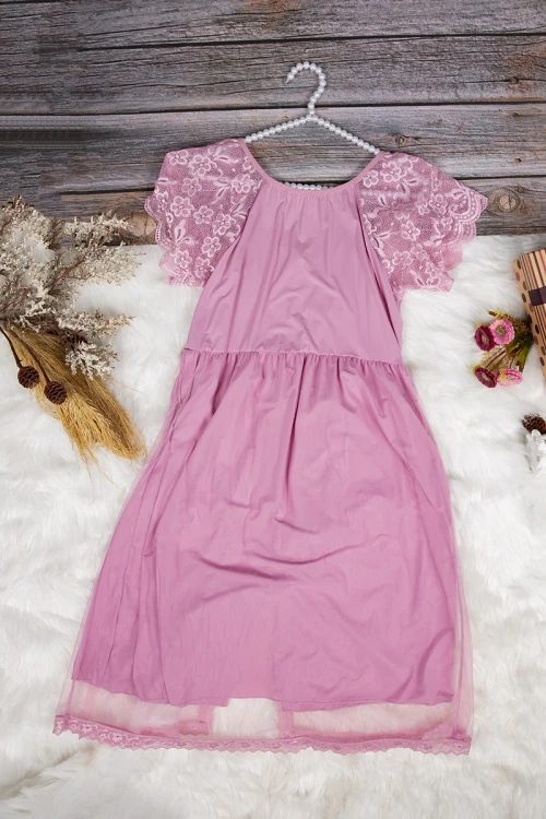 قميص نوم لانجري نسائي قصير قطعتين ساتان مع دانتيل بأكمام قصيرة