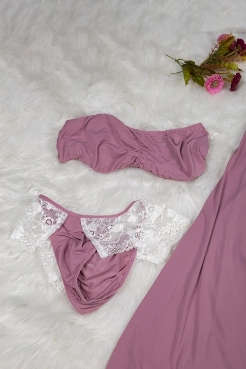 قميص نوم لانجري نسائي ثلاث قطع ساتان مع دانتيل أبيض روب خارجي طويل و قطعتين داخلي 