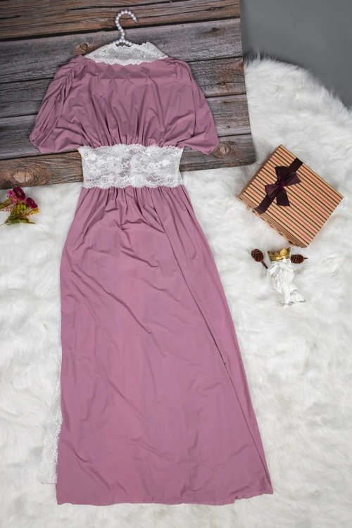 قميص نوم لانجري نسائي ثلاث قطع ساتان مع دانتيل أبيض روب خارجي طويل و قطعتين داخلي 