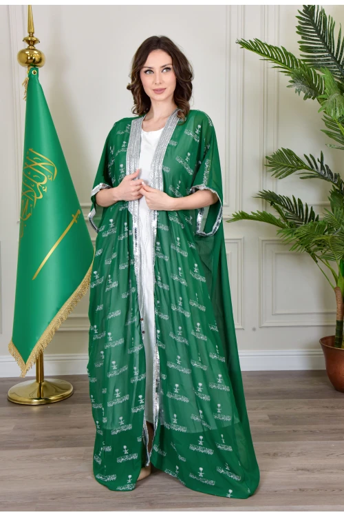 بشت وطني نسائي أنيق لون أخضر قماش شيفون بأطراف مطرزة باللون الفضي أكمام قصيرة و مفتوح برباط من الأمام