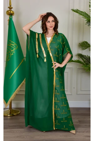 بشت وطني نسائي أنيق لون أخضر قماش شيفون بأطراف مطرزة باللون الذهبي أكمام قصيرة و مفتوح برباط من الأمام