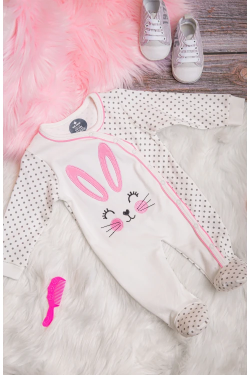 افرول أطفال بناتي  قماش قطن لون أبيض منقط مع شكل دبدوب وردي من الأمام و بأكمام طويلة