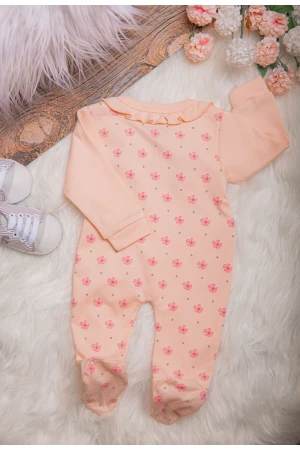 افرول أطفال بناتي قماش قطن مشجر لون خربزي مع شكل دبدوب بأكمام طويلة و أزرار من الأمام 