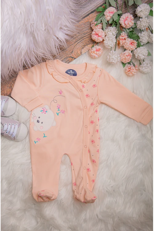 افرول أطفال بناتي قماش قطن مشجر لون خربزي مع شكل دبدوب بأكمام طويلة و أزرار من الأمام