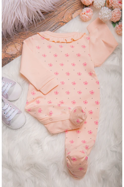 افرول أطفال بناتي قماش قطن مشجر لون خربزي مع شكل دبدوب بأكمام طويلة و أزرار من الأمام