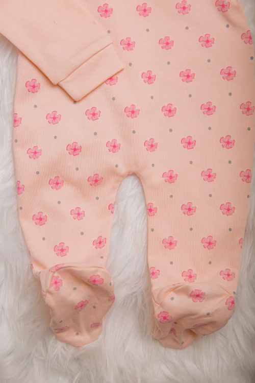 افرول أطفال بناتي قماش قطن مشجر لون خربزي مع شكل دبدوب بأكمام طويلة و أزرار من الأمام