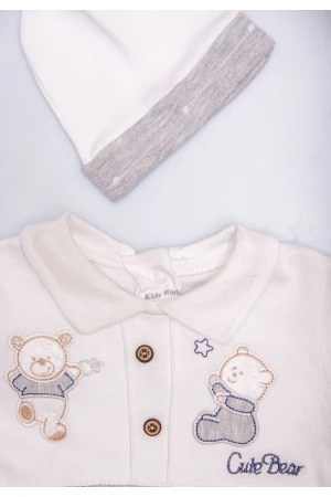 افرول أطفال قماش قطن لون أبيض مع رمادي منقط و ساده من الصدر و ياقة بأزرار من الأمام و أكمام طويلة مع طاقية رأس 