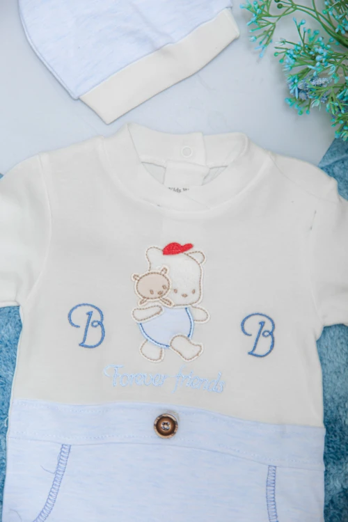 افرول أطفال ولادي قماش قطن سادة لون بيج مع سماوي بأكمام طويلة ورسومات كرتونية من الأمام مع طاقية رأس