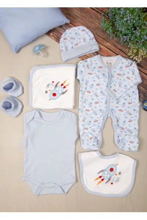 طقم أفرول مواليد 6 قطع لون ازرق مقلم مزينة برسومات كرتونية