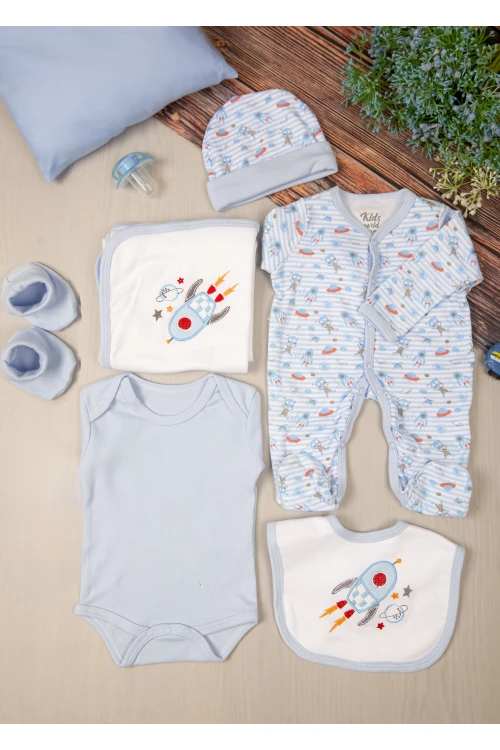 طقم أفرول مواليد 6 قطع لون ازرق مقلم مزينة برسومات كرتونية