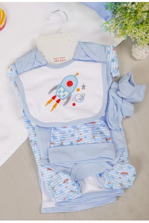 طقم أفرول مواليد 6 قطع لون ازرق مقلم مزينة برسومات كرتونية