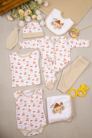 طقم أفرول مواليد 8 قطع لون أبيض مزينة برسومات كرتونية بلون برتقالي