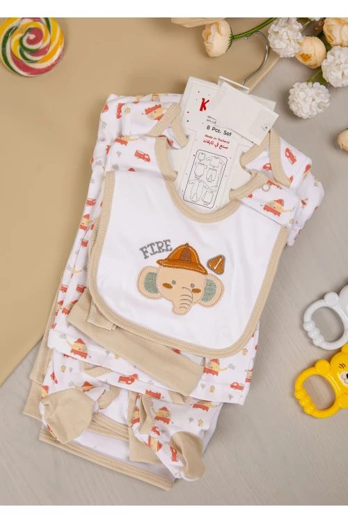 طقم أفرول مواليد 8 قطع لون أبيض مزينة برسومات كرتونية بلون برتقالي