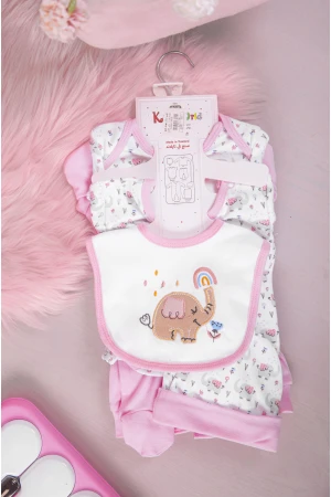 طقم أفرول مواليد 8 قطع لون وردي وأبيض مزينة برسومات كرتونية