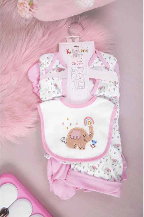 طقم أفرول مواليد 8 قطع لون وردي وأبيض مزينة برسومات كرتونية