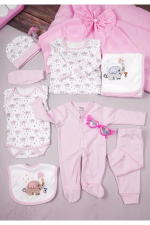 طقم أفرول مواليد 8 قطع لون وردي وأبيض مزينة برسومات كرتونية
