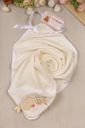 منشفة استحمام مواليد لون بيج بغطاء رأس مزينة برسومات كرتونية