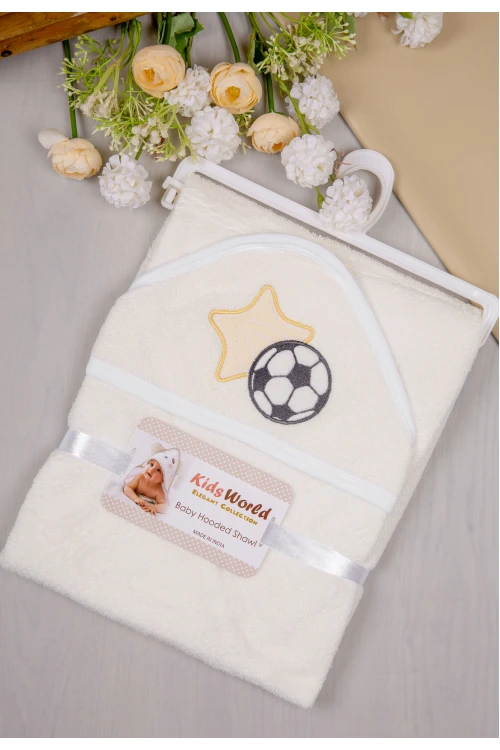 منشفة استحمام مواليد لون بيج بغطاء رأس مزينة برسومات كرتونية شكل كرة قدم ونجمة