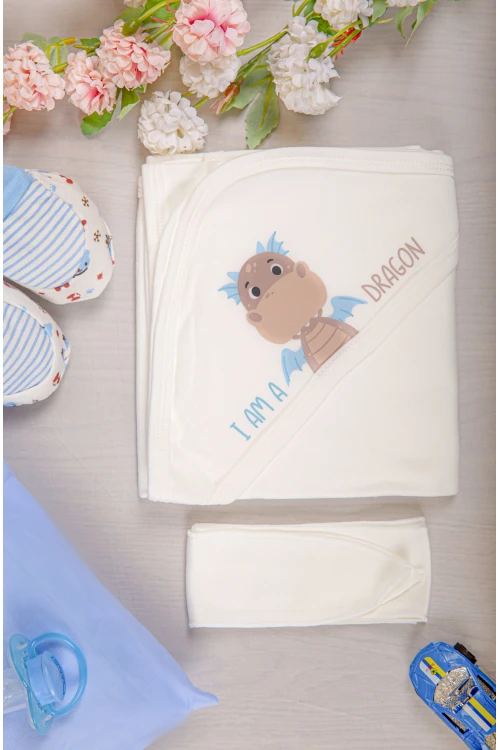 مهاد مواليد لون أبيض مع رباط المهاد بغطاء رأس مزينة برسومات كرتونية