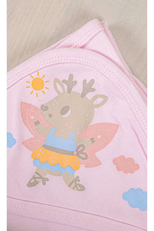 مهاد مواليد لون وردي  مع رباط المهاد بغطاء رأس مزينة برسومات كرتونية