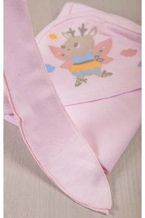  مهاد مواليد لون وردي  مع رباط المهاد بغطاء رأس مزينة برسومات كرتونية