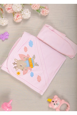  مهاد مواليد لون وردي  مع رباط المهاد بغطاء رأس مزينة برسومات كرتونية