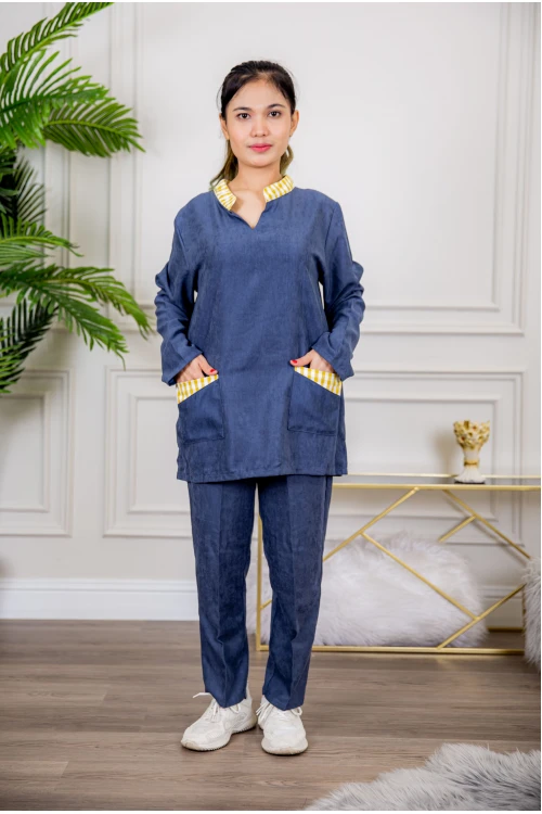 زي عاملة شتوي قطعتين بجيوب و ياقة كاروهات شكل سبعة