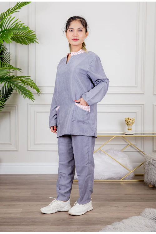 زي عاملة شتوي قطعتين بجيوب و ياقة كاروهات شكل سبعة