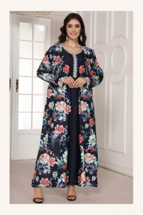 جلابية مخور نسائي انيقة قماش مشجر أكمام طويلة وفتحة صدر دائرية مطرزة بالكريستال